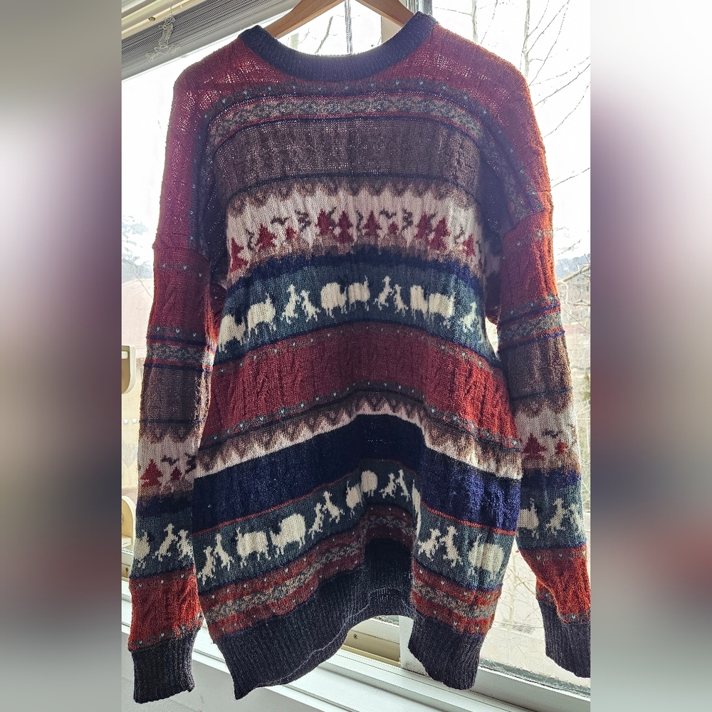 Vintage Multicolor Knit Sweater with Sheep Pattern